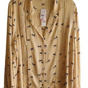 Top Shop Long-Sleeve Pleated Front Cream Horse Print Shirt-Blouse SZ 14 NEW